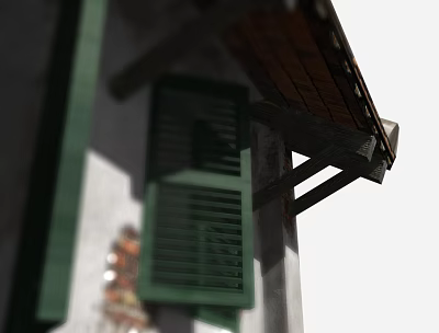 Vintage Building Exterior Detail With Green Shutters White Wall And Wooden Eaves Structure 3d model