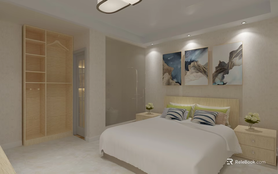 Modern Wooden Wardrobe Design In Bedroom With Bed Wall Art And Nightstand 3d model 