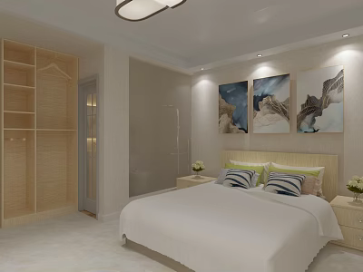 Modern Wooden Wardrobe Design In Bedroom With Bed Wall Art And Nightstand 3d model