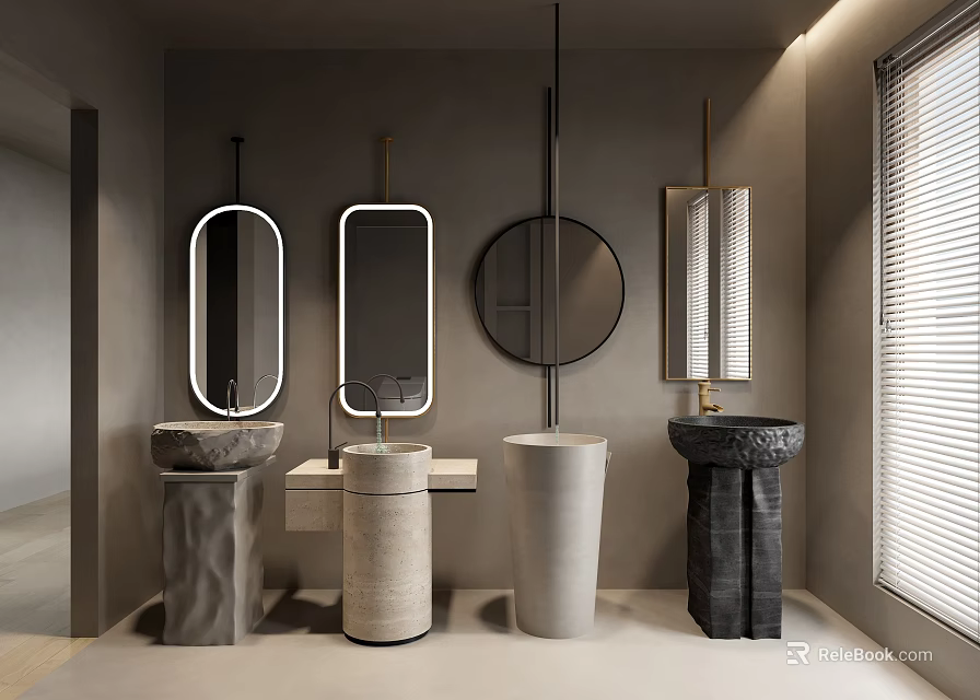 Contemporary Bathroom Interior With Multiple Stone Washbasins And Round Mirrors Design 3d model