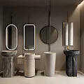 Contemporary Bathroom Interior With Multiple Stone Washbasins And Round Mirrors Design 3d model