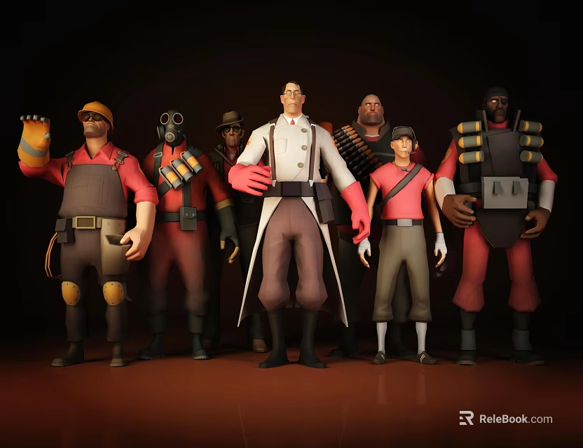 Diverse Game Characters Team with Red Outfits and Central Figure in White Coat 3d model 