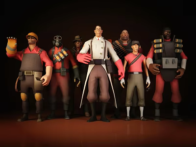 Diverse Game Characters Team with Red Outfits and Central Figure in White Coat 3d model