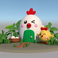 Cartoon Chicken Shaped House With Green Door Little Yellow Chick Egg Basket And Green Plants