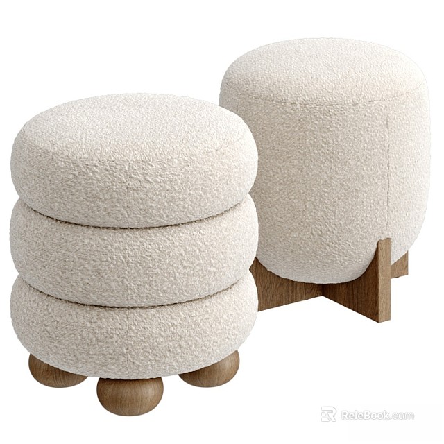 Fluffy Beige Fabric Ottoman With Stacked Design And Single Wooden Base 3d model 