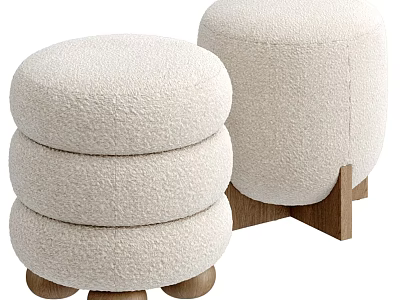 Fluffy Beige Fabric Ottoman With Stacked Design And Single Wooden Base 3d model