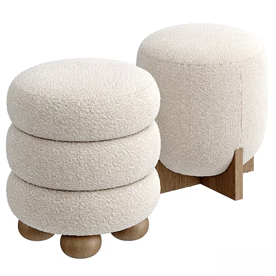 Fluffy Beige Fabric Ottoman With Stacked Design And Single Wooden Base 3d model