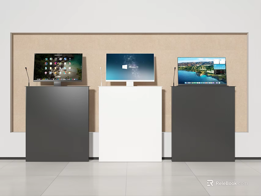 Computer Monitors Displayed On Different Colored Stands With Beige Backdrop And Varied Screen Contents 3d model