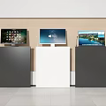 Computer Monitors Displayed On Different Colored Stands With Beige Backdrop And Varied Screen Contents 3d model