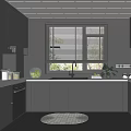 Modern Dark Cabinet Kitchen Interior With Window Blinds And White Countertop 3d model