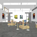 Art Gallery Interior With Wooden Slat Partition Reception Desk Red Circular Decorations And Green Plant