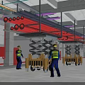 Industrial Building Interior With Red Pipes Scissor Lifts And Concrete Structure