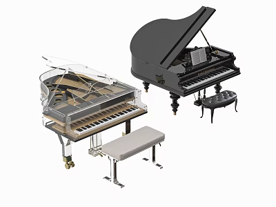 Acoustic Musical Instruments Transparent Black Grand Pianos With Stools And Interior Design 3d model