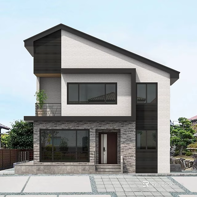 Modern Two Story Detached Villa With Stone Exterior And Large Windows 3d model 