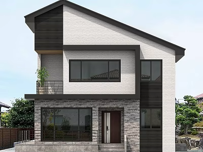 Modern Two Story Detached Villa With Stone Exterior And Large Windows 3d model