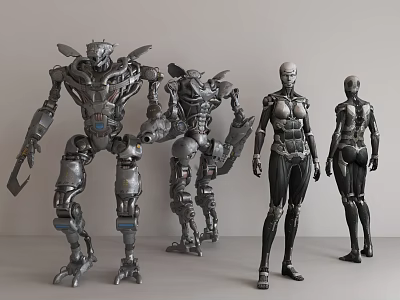 Smart Machines Including Large Mecha And Female Humanoid Robots With Metallic Texture In Gray Background 3d model