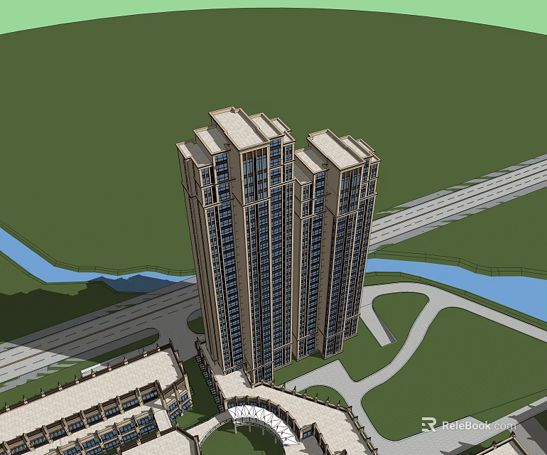 Tall Residential Building Complex With Surrounding Roads River And Green Spaces 3d model 