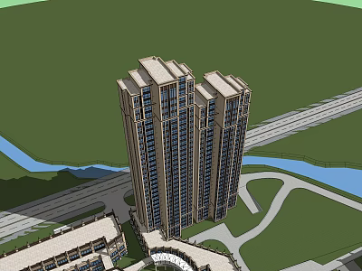 Tall Residential Building Complex With Surrounding Roads River And Green Spaces 3d model