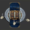 Ornate Treasure Chest With Pagoda Decorations Flames And Blue Cloth On Pedestal