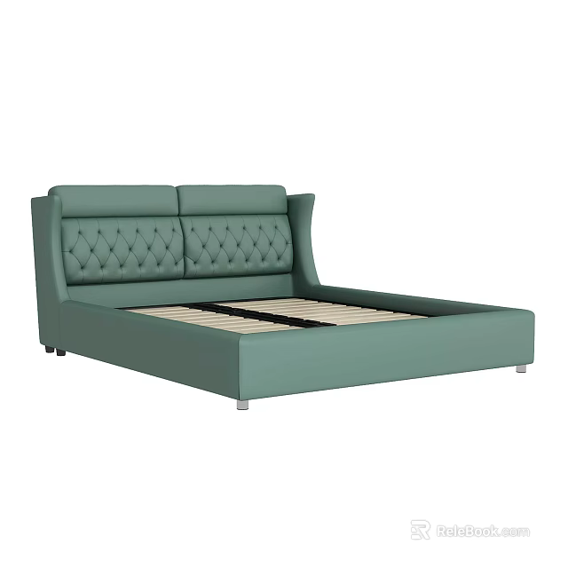 Light Green Leather Upholstered Double Bed with Diamond Tufted Headboard Modern Frame and Wooden Slats 3d model 