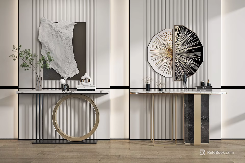 Modern Console Table Interior Design With Art Decor Metal Frame And Marble Top 3d model