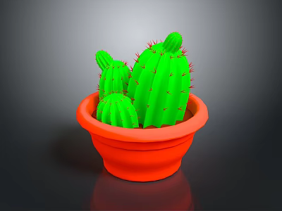 Green Cactus Plant in Orange Pot with Red Spines on Dark Background 3d model