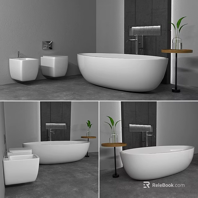 Modern Bathroom Interior With Freestanding White Bathtub Two White Sinks Side Table And Green Plant 3d model 