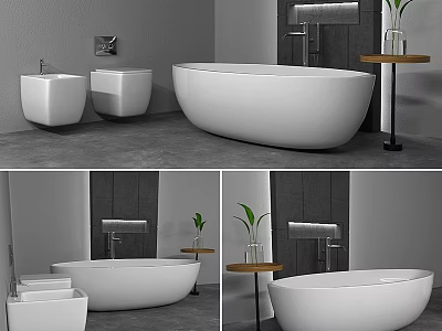 Modern Bathroom Interior With Freestanding White Bathtub Two White Sinks Side Table And Green Plant 3d model