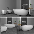 Modern Bathroom Interior With Freestanding White Bathtub Two White Sinks Side Table And Green Plant