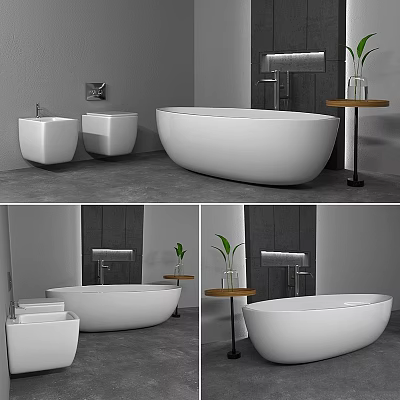 Modern Bathroom Interior With Freestanding White Bathtub Two White Sinks Side Table And Green Plant 3d model