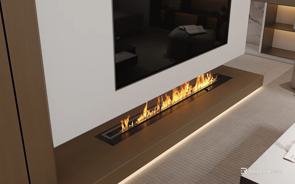 Modern Built In Fireplace In Living Room Interior With Burning Flames And Ambient Lighting 3d model 