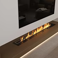 Modern Built In Fireplace In Living Room Interior With Burning Flames And Ambient Lighting