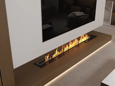 Modern Built In Fireplace In Living Room Interior With Burning Flames And Ambient Lighting 3d model
