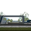 Modern Blue And White Entrance Gate With Blue Sky Trees Buildings And Square Pavement
