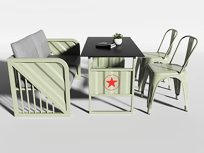 Light Green Public Chair Set With Black Table Red Star Cabinet And Metal Frame 3d model