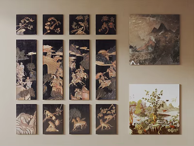 Collection of Decorative Paintings With Black Background Gold Patterns and Landscape Art 3d model