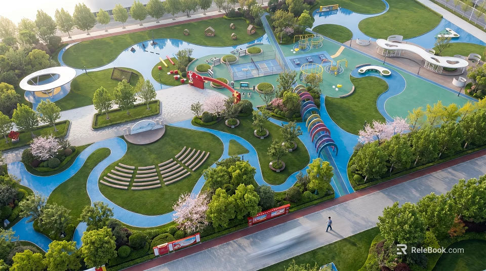 School Square With Green Lawns Colorful Paths Trees And Seating Areas 3d model 