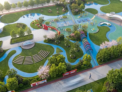 School Square With Green Lawns Colorful Paths Trees And Seating Areas 3d model