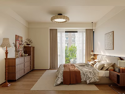 Cozy Modern Bedroom Interior With Ceiling Lamp Wooden Floor Bed Dresser Nightstand And Curtains 3d model