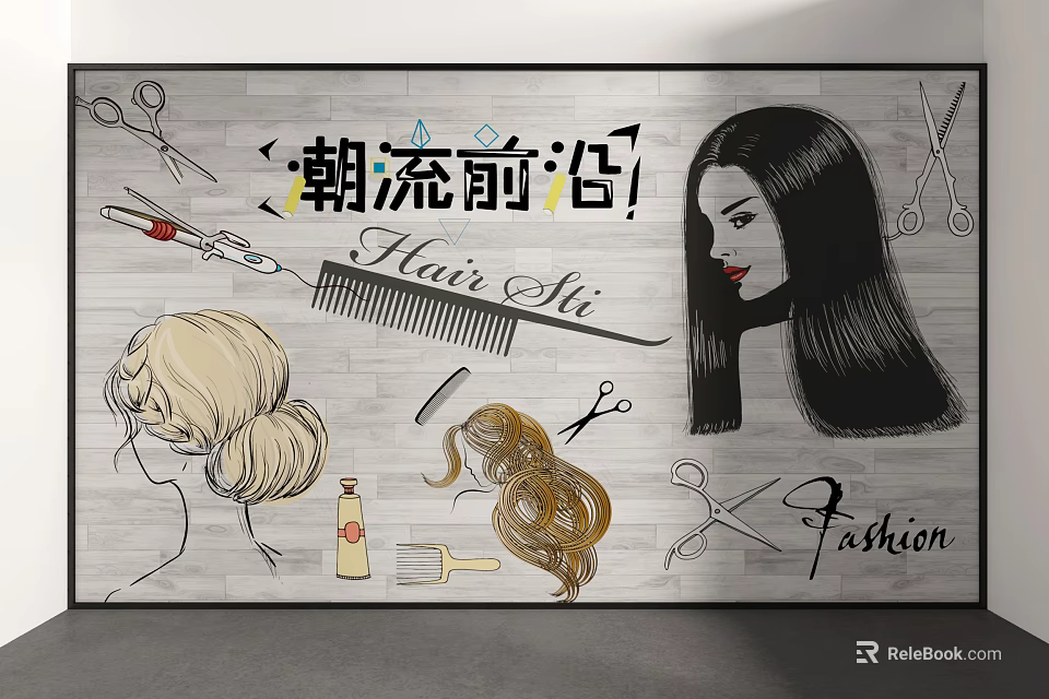 Trendy Hair Fashion Wall Art With Scissors Comb Hairdryer And Hairstyles 3d model 