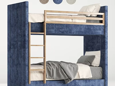 Blue Velvet Bunk Bed With Wooden Ladder Upper And Lower Mattresses Pillows And Gray Blanket 3d model