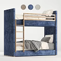 Blue Velvet Bunk Bed With Wooden Ladder Upper And Lower Mattresses Pillows And Gray Blanket
