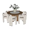 Modern Round Brown Dining Table with Six Beige Chairs and Vase with Flowers 3d model