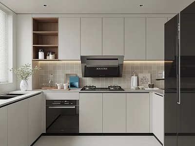 Modern Kitchen Interior With White Cabinets Black Refrigerator Stove And Tile Backsplash 3d model