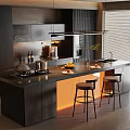 Modern Open Kitchen Interior Design With Island Counter Stools And Cabinets 3d model