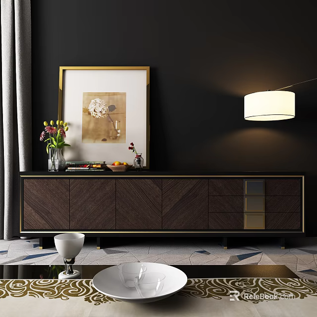 Contemporary Dark Wood TV Stand With Gold Accents Decorative Painting And Vase 3d model 