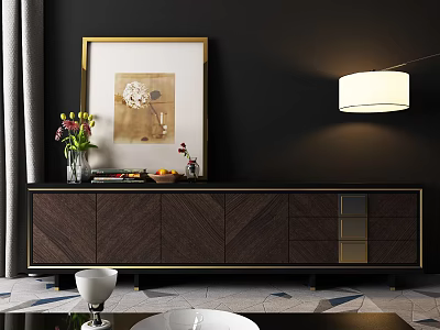Contemporary Dark Wood TV Stand With Gold Accents Decorative Painting And Vase 3d model