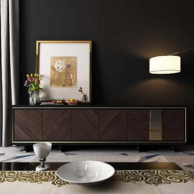 Contemporary Dark Wood TV Stand With Gold Accents Decorative Painting And Vase 3d model