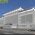 Chinese Style Office Building With Traditional Roof And Large Glass Windows On Urban Street