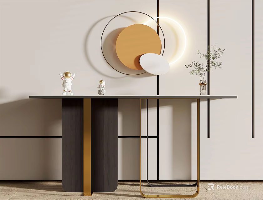 Modern Console Table With Circular Wall Decor Vase And Gold Black Legs 3d model